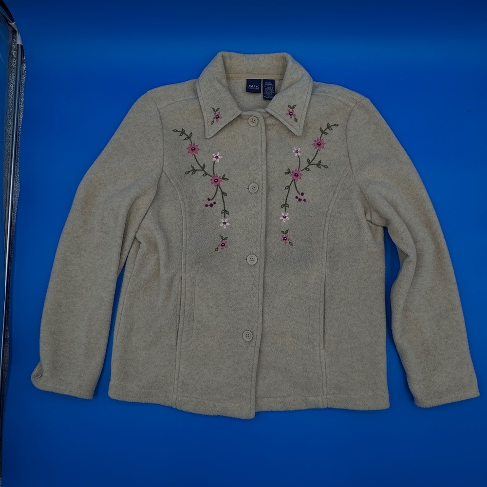 Basic Editions Womens Beige Fleece Button Front Embroidered Jacket Size Medium - Picture 5 of 6